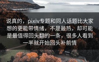 说真的，pixiv专题和同人话题比大家想的更能带情绪，不是最热，却可能是最值得回头翻的一条，很多人看到一半就开始回头补前情